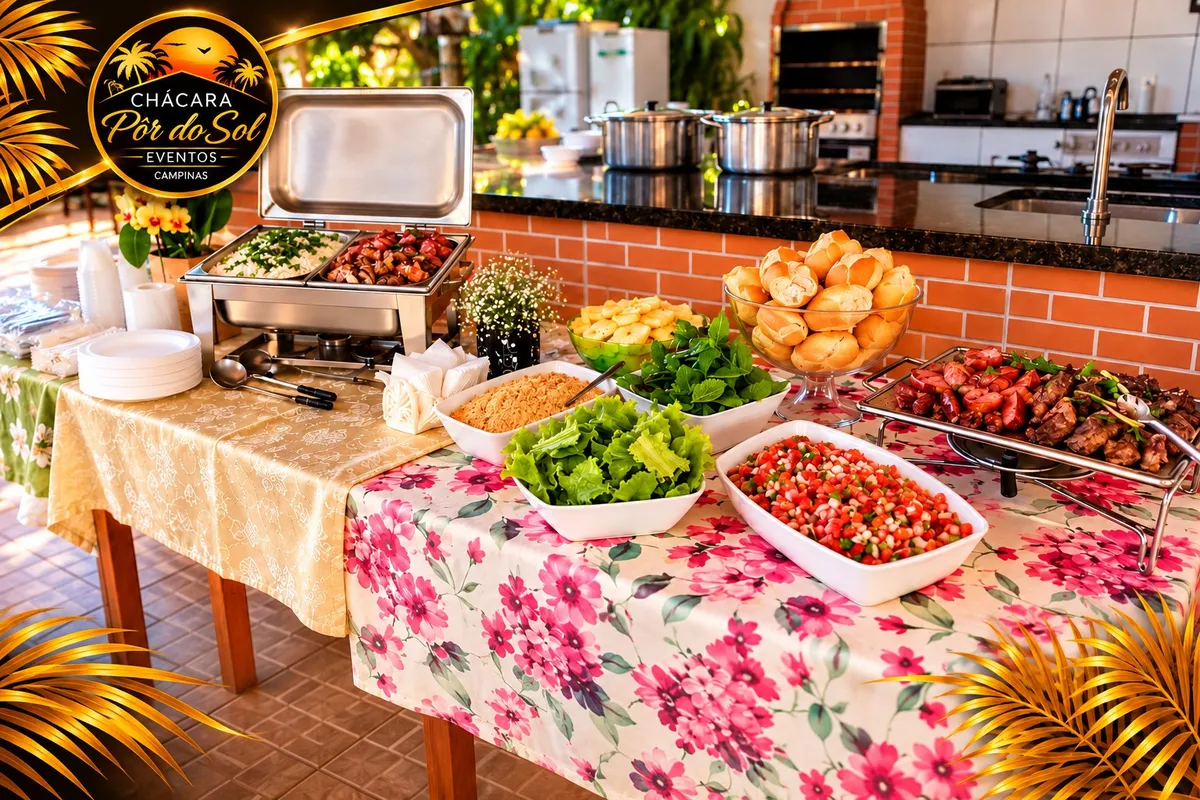 Mesa de buffet com rechaud de arroz e linguiça, saladas, farofa, vinagrete, pães e carnes, com a cozinha ao fundo
