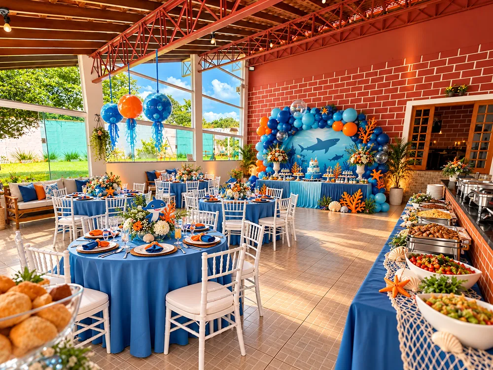 Salão decorado em azul e laranja com tema fundo do mar, painel de balões, mesa de doces e buffet