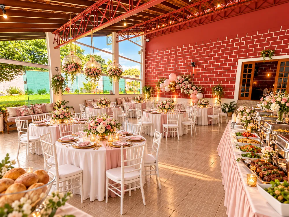Mesas redondas com toalhas brancas e rosa, flores, velas e buffet ao lado